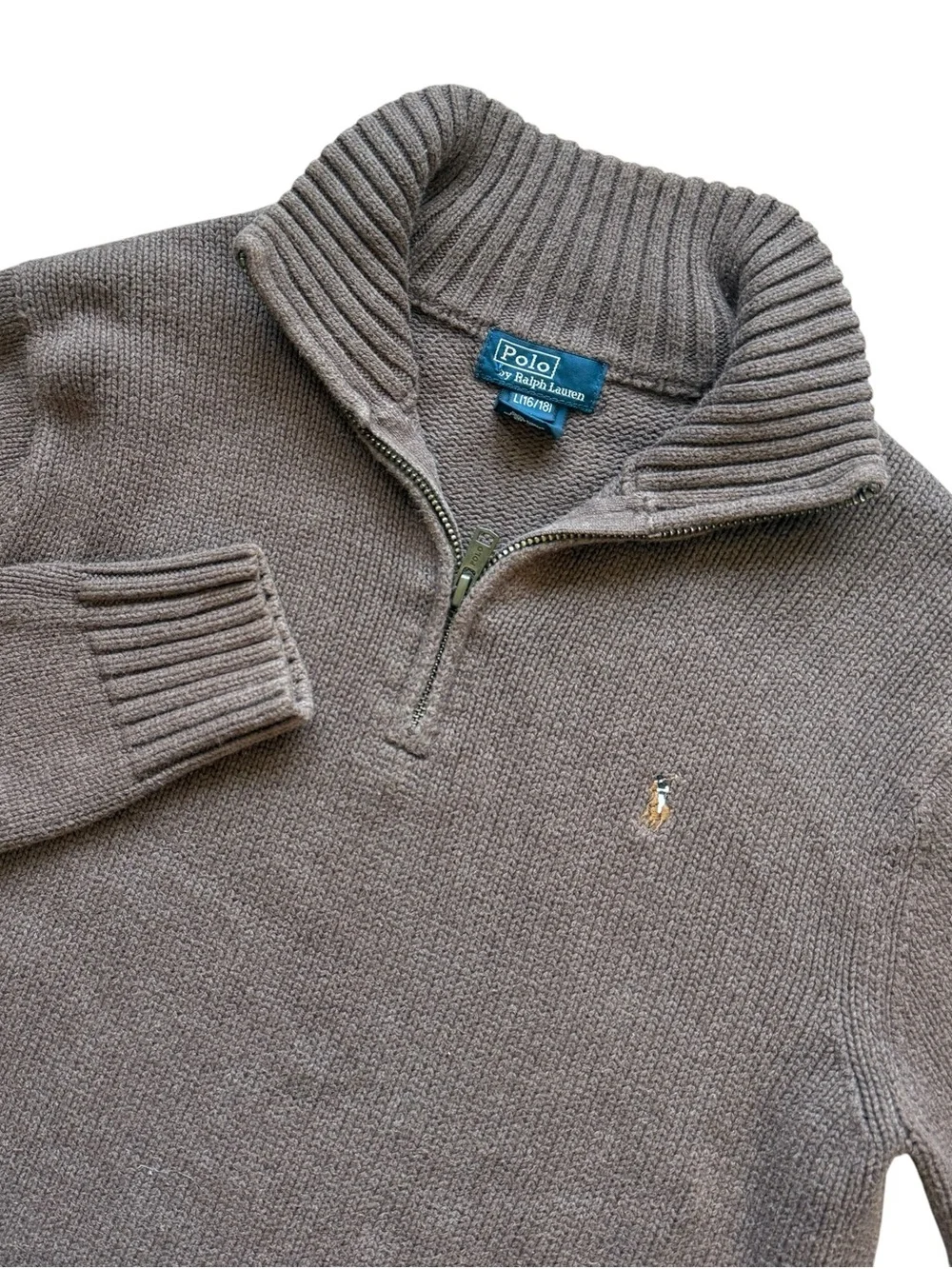 Polo Ralph Lauren Brown Cotton Quarter Zip Sweater L 16/18 Preppy Equestrian Boy